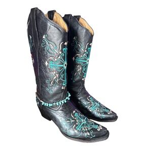 Beautiful Circle G Black Turquoise Embroidered Cross Western Boots Ladies 9M